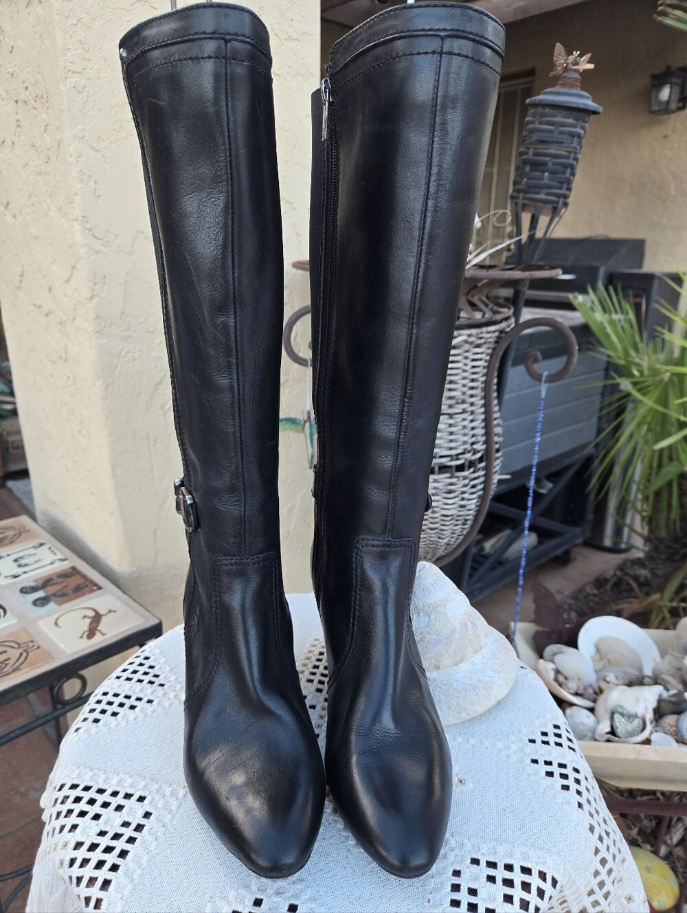 Anne Klein Black Knee-High Buckle Heeled Boots - Picture 8 of 14
